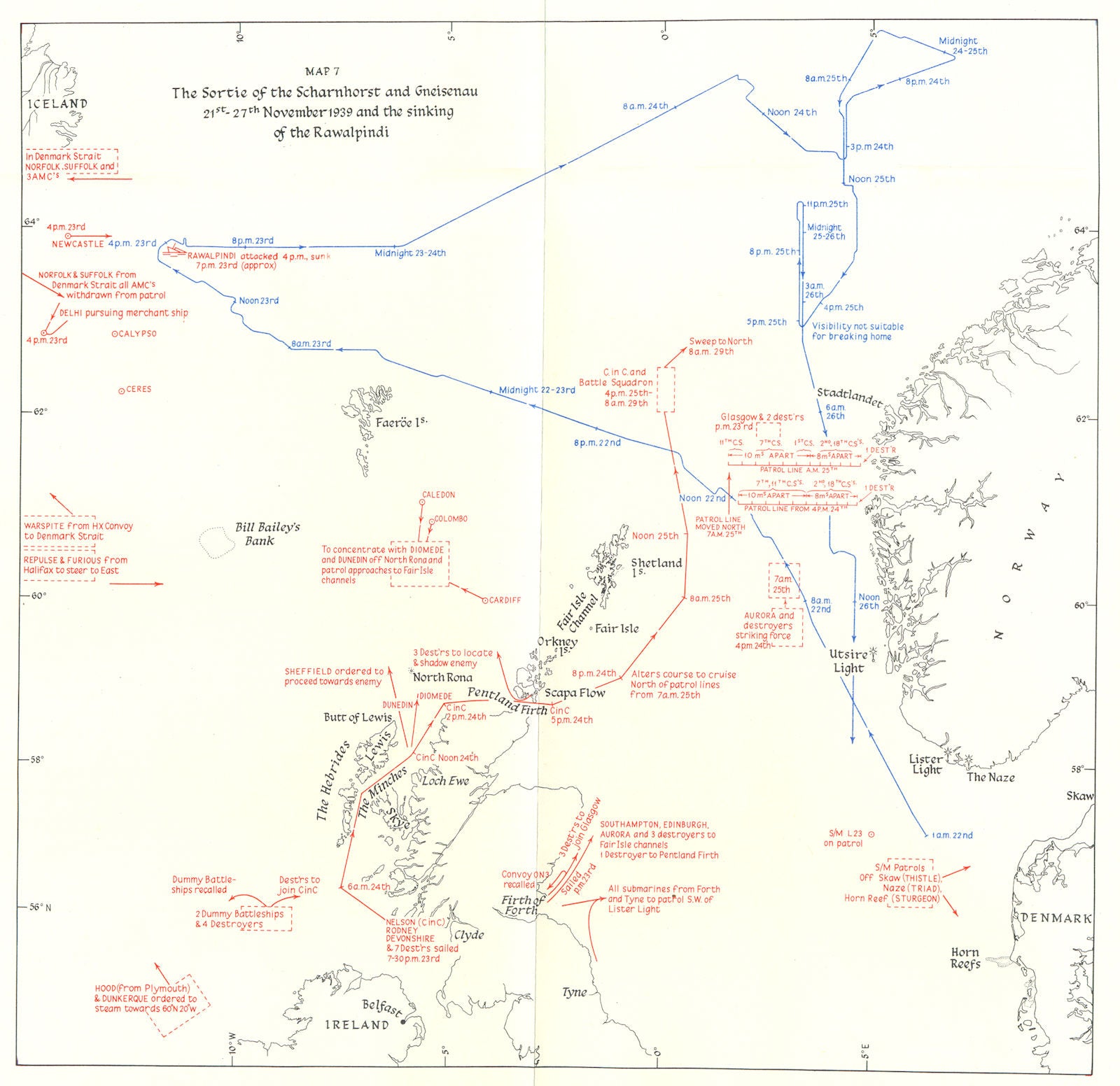 NAVAL. Sortie Scharnhorst & Gneisenau, Nov 1939 & sinking Rawalpindi 1954 map